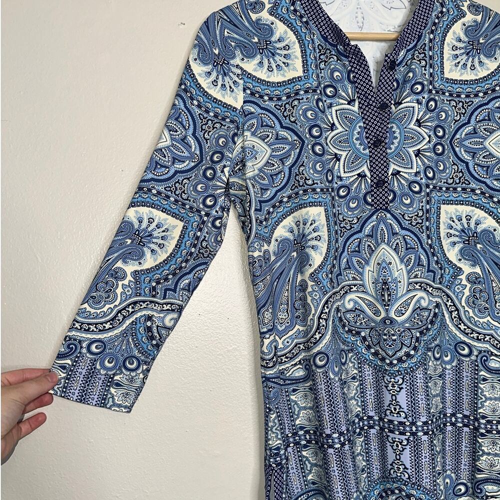 J. McLaughlin Catalina Cloth Blue Paisley Geometric Tunic Top 3/4 Sleeve Small - Picture 4 of 7